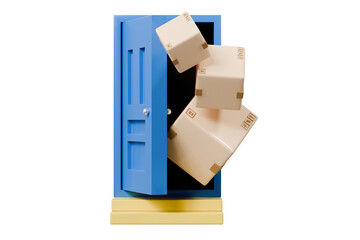 Poster - 3D To Your Door Delivery icon. Minimal Courier delivery package in front blue door. Online Shopping Concept. Fast Delivery, logistic Concept. 3d Deliveries of online orders outside the door. 3d render