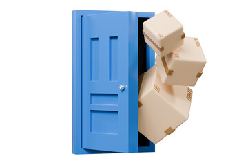 Poster - 3D To Your Door Delivery icon. Minimal Courier delivery package in front blue door. Online Shopping Concept. Fast Delivery, logistic Concept. 3d Deliveries of online orders outside the door. 3d render