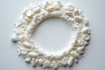 Poster - White powder and tablets arranged in a circular pattern on a neutral background in a clean, minimalist setting