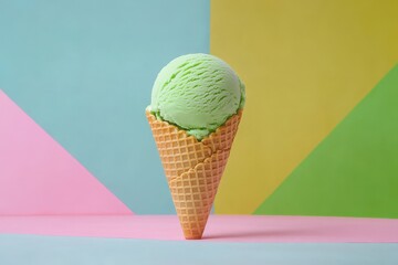 Poster - Green mint ice cream in a waffle cone against a colorful geometric background