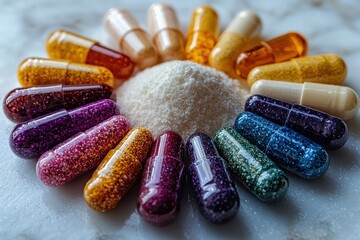 Poster - Colorful capsules arranged in a circular pattern around a mound of white powder on a marble surface