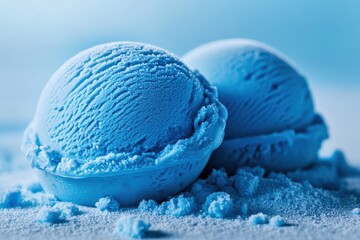 Poster - Bright blue ice cream scoops sit atop a light blue surface with a sprinkling of sugar, tempting dessert lovers everywhere