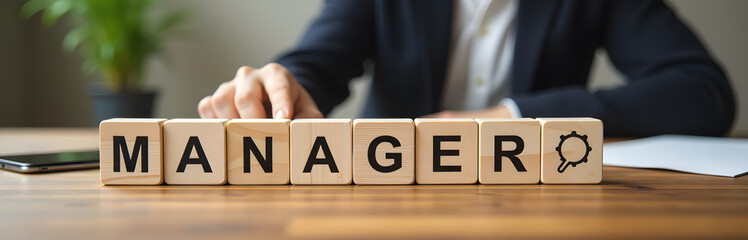 Poster - Wooden Blocks With Business Icons On A Wooden Table Create A Simple Yet Effective Visual Representation Of Management Concepts.