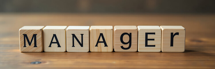 Poster - Wooden Blocks With Business Icons On A Wooden Table Create A Simple Yet Effective Visual Representation Of Management Concepts.