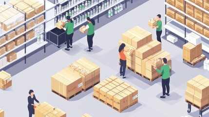 Poster - Busy warehouse environment with workers packing grocery orders in modern art style Generative AI