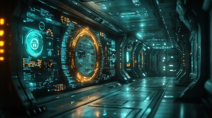 Poster - Futuristic Spaceship Corridor with Holographic Displays: A Sci-Fi Interior Design