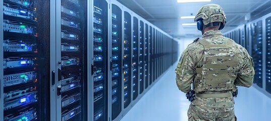 Poster - Soldier in uniform standing inside a large data center hallway
