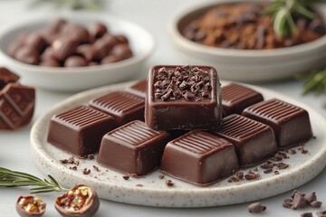 Poster - Delicious assortment of dark chocolate pieces arranged on a plate with sprigs of greenery and other chocolate treats in the background