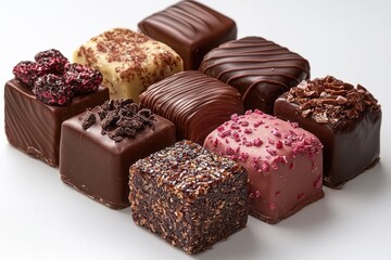 Aufkleber - Assorted gourmet chocolates displayed on a white surface showcasing various textures and toppings
