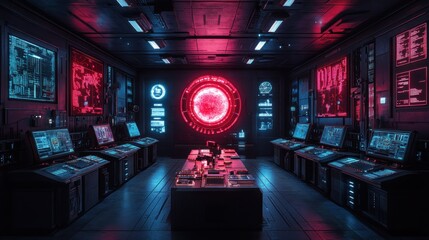 Poster - Futuristic Control Room: Neon Lights and Advanced Technology