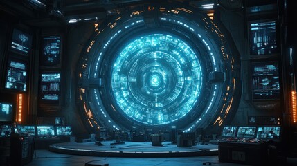 Aufkleber - Futuristic Control Room with Glowing Portal