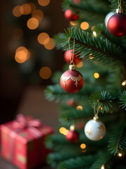 Wall Mural - a small ornament hangs vertically on the christmas tree branch among other decorations and presents.