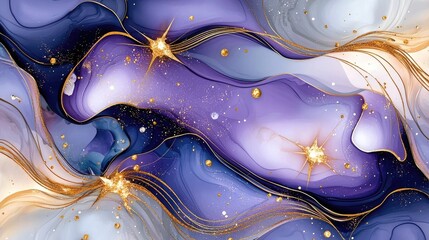 Poster - Luxurious pastel purple and violet marble effect with gold highlights, soft swirling watercolor flow.