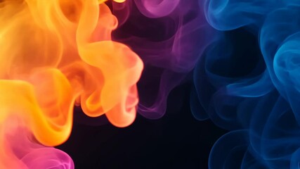 Poster - Vivid swirls of orange, pink, and blue smoke create a dynamic and abstract visual against a deep black background, evoking a sense of movement and energy.