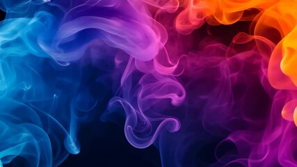 Poster - A mesmerizing blend of vibrant smoke in blue, pink, and orange swirls gracefully against a dark backdrop, showcasing an abstract and colorful visual display.