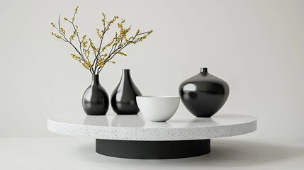 Poster - Minimalist 3D render of a gray podium with geometric shapes, perfect for modern product display.