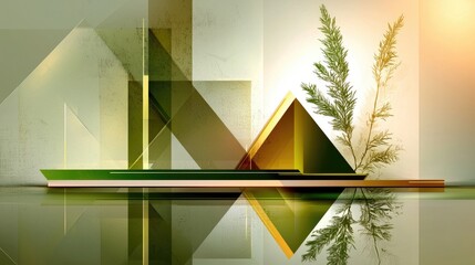 Aufkleber - Minimalist abstract green background featuring intersecting triangles, subtle reflections, and geometric depth.