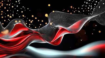 Poster - Minimalist futuristic red wave design with digital dot formations and abstract flowing connections.