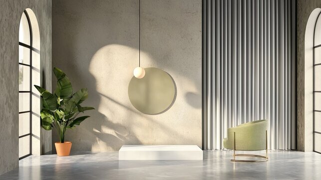 Minimalist gray background with floating geometric forms and a clean white circular podium.