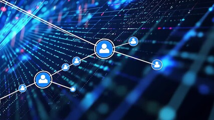 Fototapete - A captivating visual depicts a dynamic data stream with vibrant blue and red light points, creating an immersive digital experience that evokes a sense of movement and energy.