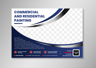 Poster - commercial and residential painting flyer design on horizontal layout banner with space for photo. combination of black and white gradient colors element on blue gradient background template.