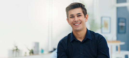 Fototapete - Man, portrait and smile at startup, office and pride for career, excited and mock up space. Person, entrepreneur and small business owner at workplace with confidence at creative agency in Italy