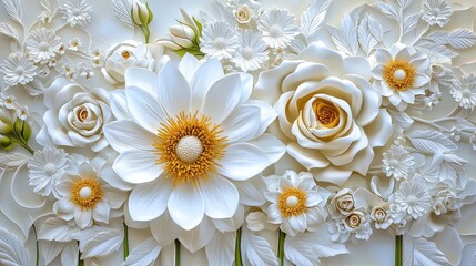 Poster - Ornate white flower wallpaper with 3D sculpted petals, creating a classic and elegant floral background.