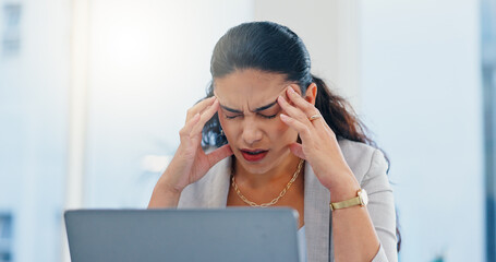 Poster - Woman, headache and pain with laptop in office, tired and mistake with accounting at finance agency. Person, migraine and frustrated with stress, exhausted and overwhelmed with burnout at company