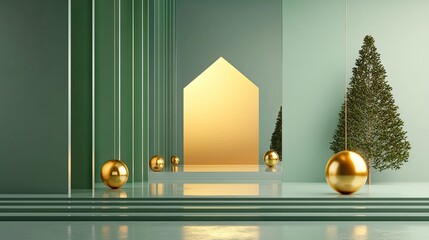 Aufkleber - Sleek and modern green gradient background with glossy geometric structures and abstract lighting effects.