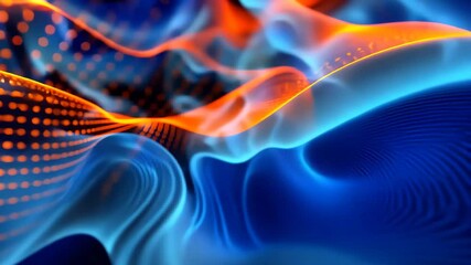 Poster - Colorful digital waves in orange and blue flow together, forming an engaging abstract landscape that captivates with vibrant, glowing dots.
