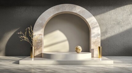 Poster - Sleek gray scene with a 3D geometric stage featuring a white round platform for luxury product display.