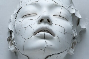 Poster - Sculpture features a white face and neck with intricate cracks, symbolizing vulnerability and emotional depth in an art display