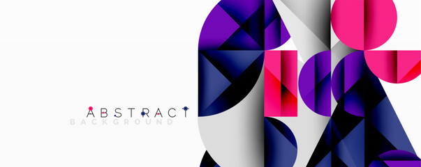 Wall Mural - Abstract geometric artwork with overlapping circles and gradients, circle square triangle shapes background featuring sharp angular cuts, smooth shading, and structured layered composition