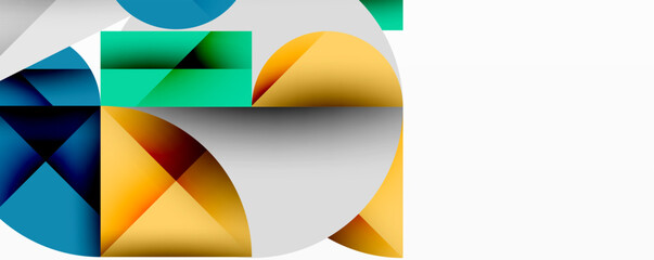 Wall Mural - Abstract geometric artwork with overlapping circles and gradients, circle square triangle shapes background featuring sharp angular cuts, smooth shading, and structured layered composition