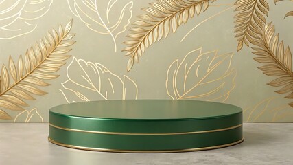 Poster - Green circular display platform against a leaf-patterned background.