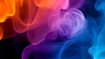 Poster - A mesmerizing display of swirling smoke creates a vibrant mix of purple, blue, and orange tones, contrasting against a dark background, evoking a sense of motion and fluidity.