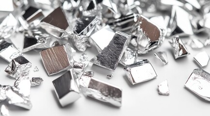 Poster - Shiny silver metal chunks are displayed on a white surface, highlighting their smooth, reflective texture and various irregular shapes