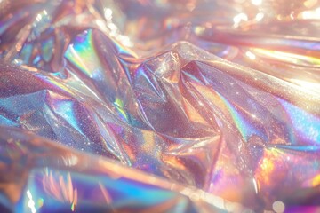 Poster - Shimmering holographic silver material displays vivid reflections and intricate textures that catch light at various angles throughout the surface