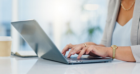 Poster - Desk, laptop and hands of woman in office for typing email, administration and planning. Professional, corporate and worker on computer for online schedule, research and project management on website