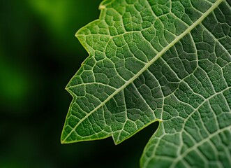 Close-up of a green grape leaf with visible veins, a macro photograph. Natural background texture. Stock photo. Close-up of green grape leaves with veins, macro photography. Macro close-up of the vibr