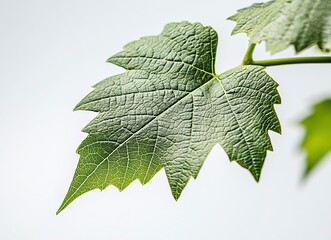 Close-up of a green grape leaf with visible veins, a macro photograph. Natural background texture. Stock photo. Close-up of green grape leaves with veins, macro photography. Macro close-up of the vibr