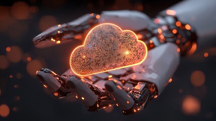 Poster - A futuristic mechanical hand cradles a glowing cloud symbol
