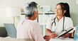 © peopleimages.com - Appointment, medical or tablet with doctor and patient in office of hospital for consulting. Feedback, healthcare or information with medicine professional and mature woman in clinic for treatment