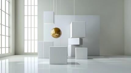 Poster - Ultra-modern abstract white composition with floating squares, geometric depth, and subtle light gradients.