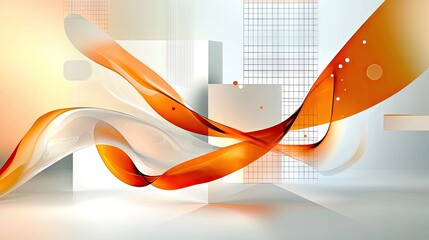 Poster - Ultra-modern orange and white composition featuring fluid waves, subtle grid lines, and glowing dots.