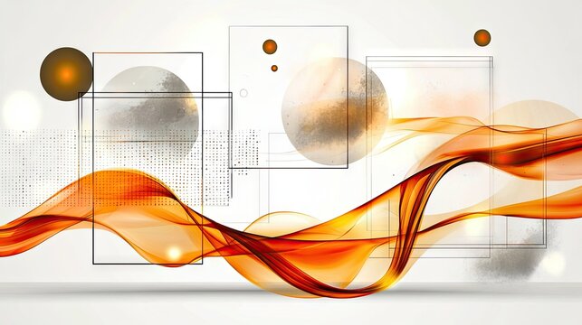 Ultra-modern orange and white composition featuring fluid waves, subtle grid lines, and glowing dots.