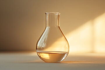 Poster - A sleek, transparent flask capturing the warm golden light, symbolizing clarity, purity, and scientific inquiry.