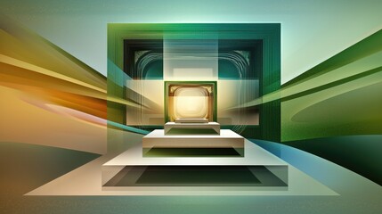 Poster - Vibrant abstract green design with futuristic 3D layers, floating square elements, and smooth texture patterns.