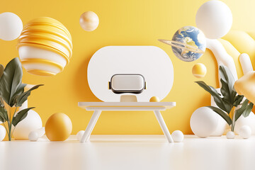 Poster - Virtual reality headset placed on simple table surrounded by colorful abstract shapes. Bright yellow background creates vibrant atmosphere. Concept of technology, innovation, gaming
