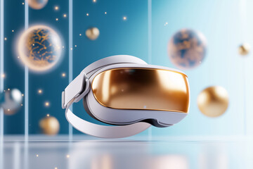 Poster - Virtual reality headset placed against abstract background with floating golden spheres and particles. Vibrant blue tones enhance futuristic feel